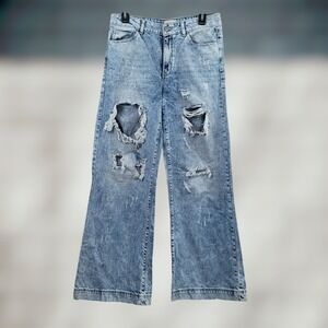 Uniq By‎ Litz Jeans Womens 27/5 Wide Leg Retro Light Wash Acid Distressed Rocker